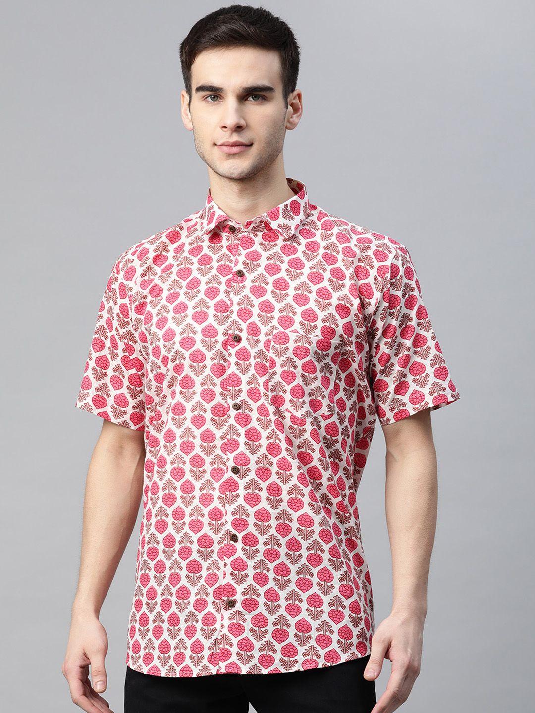 millennial men pink & white comfort regular fit pure cotton printed casual shirt
