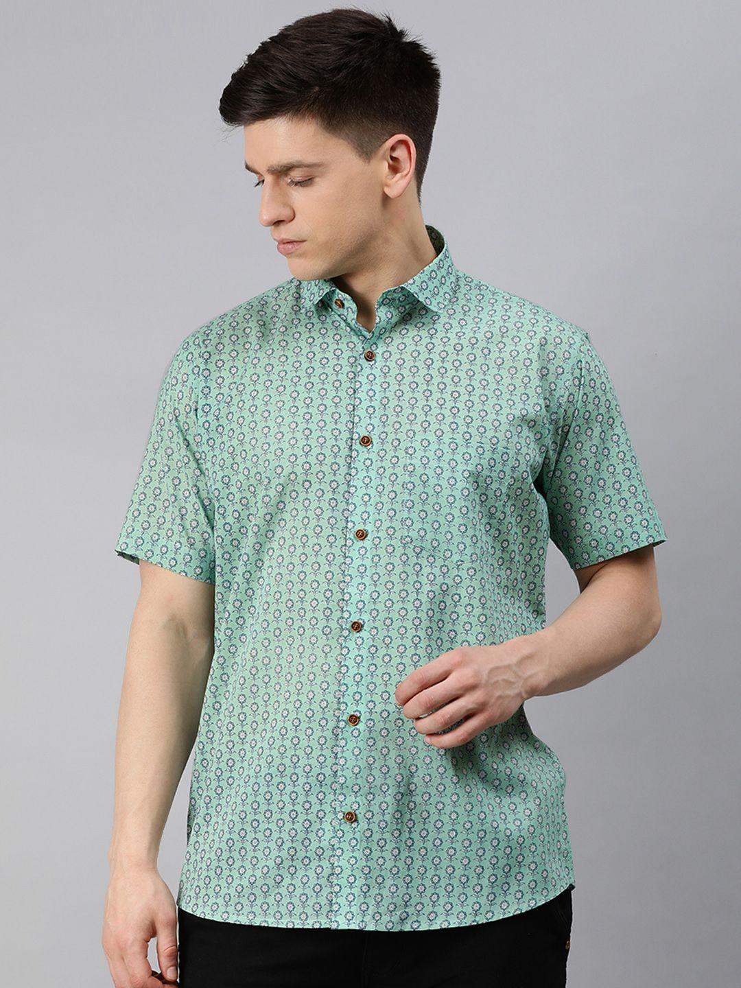 millennial men sea green comfort regular fit floral print pure cotton casual shirt