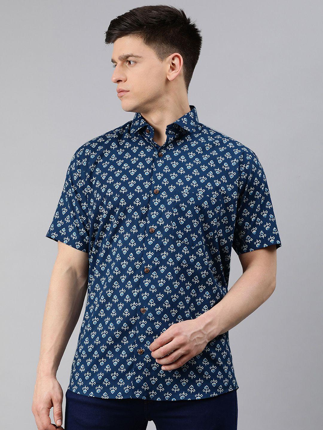 millennial men teal blue & green comfort regular fit printed pure cotton casual shirt