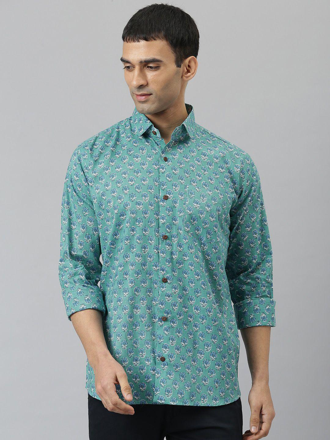 millennial men turquoise blue comfort printed casual shirt