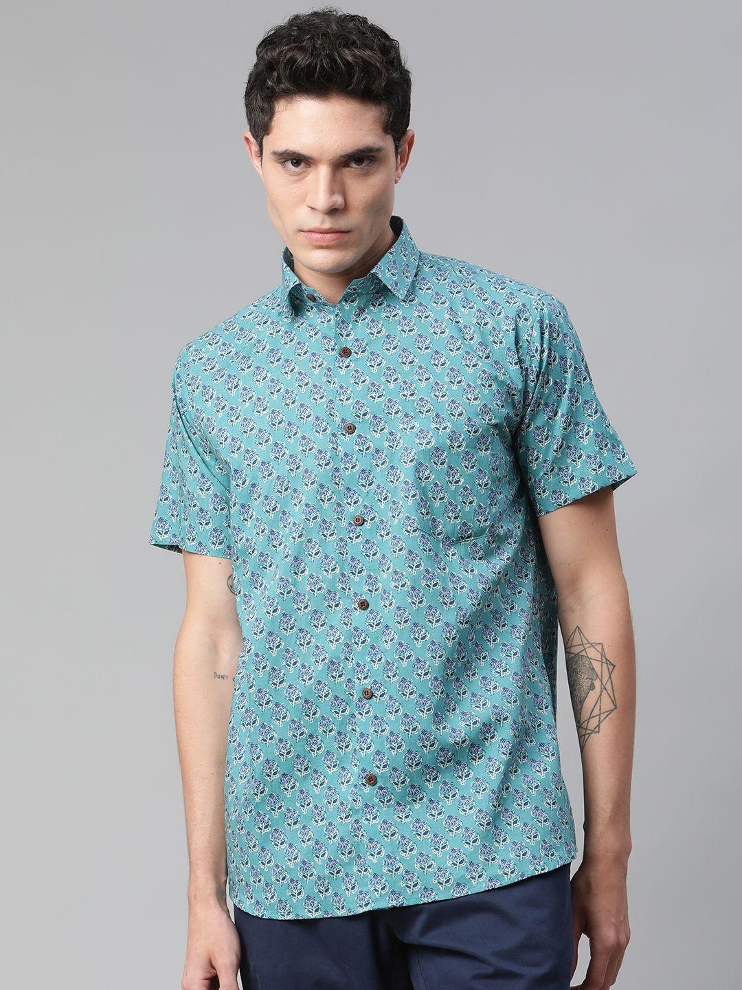 millennial men turquoise blue comfort printed casual shirt