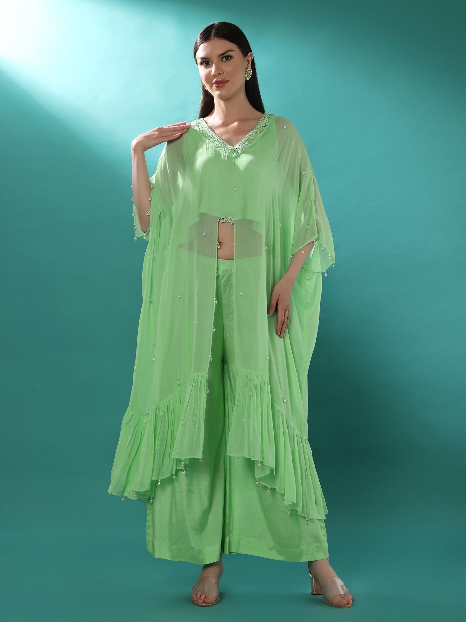 millo green embellished kaftan with inner & pant (set of 3)