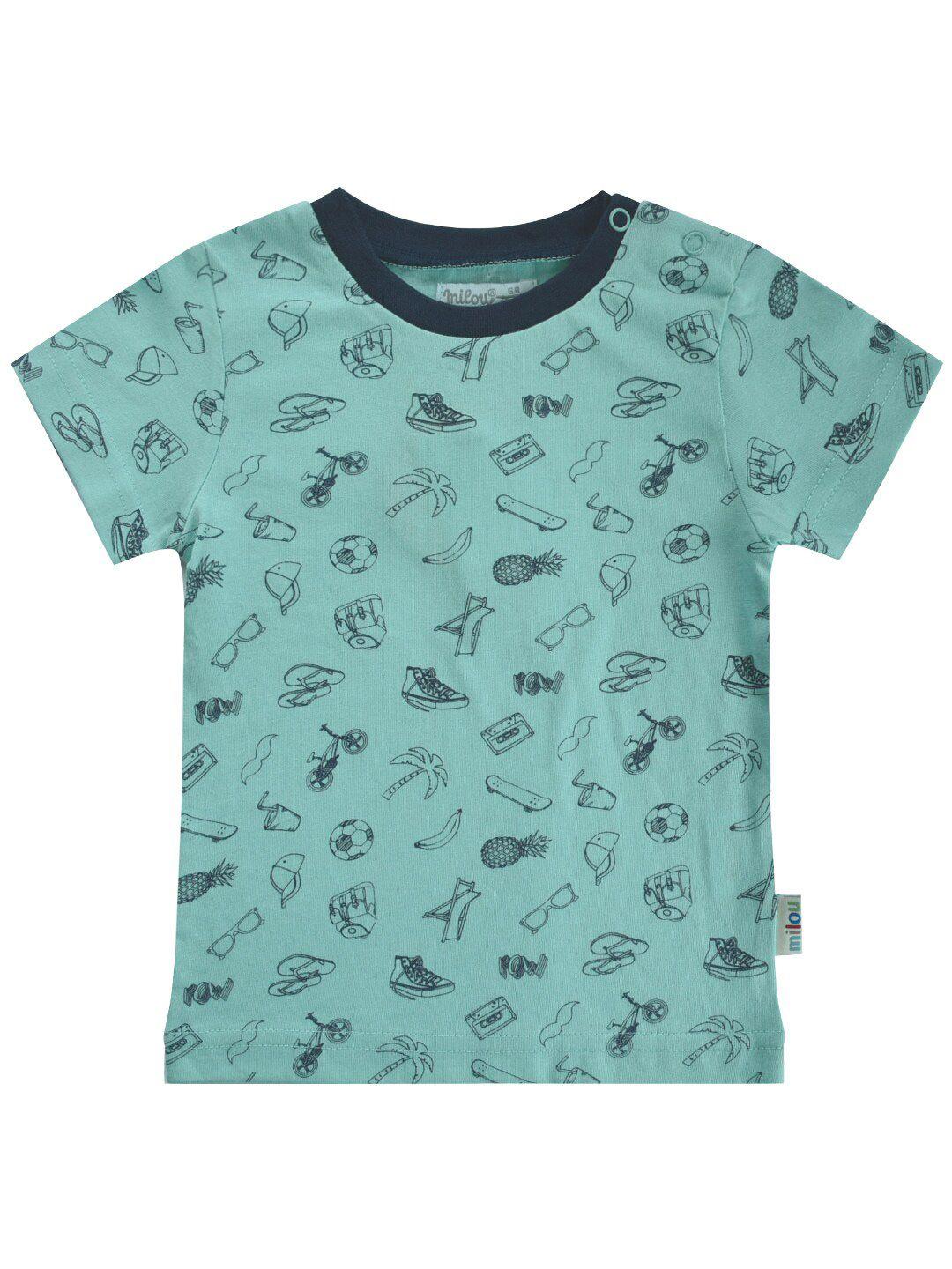 milou boys green  navy blue printed cotton pure cotton t-shirt