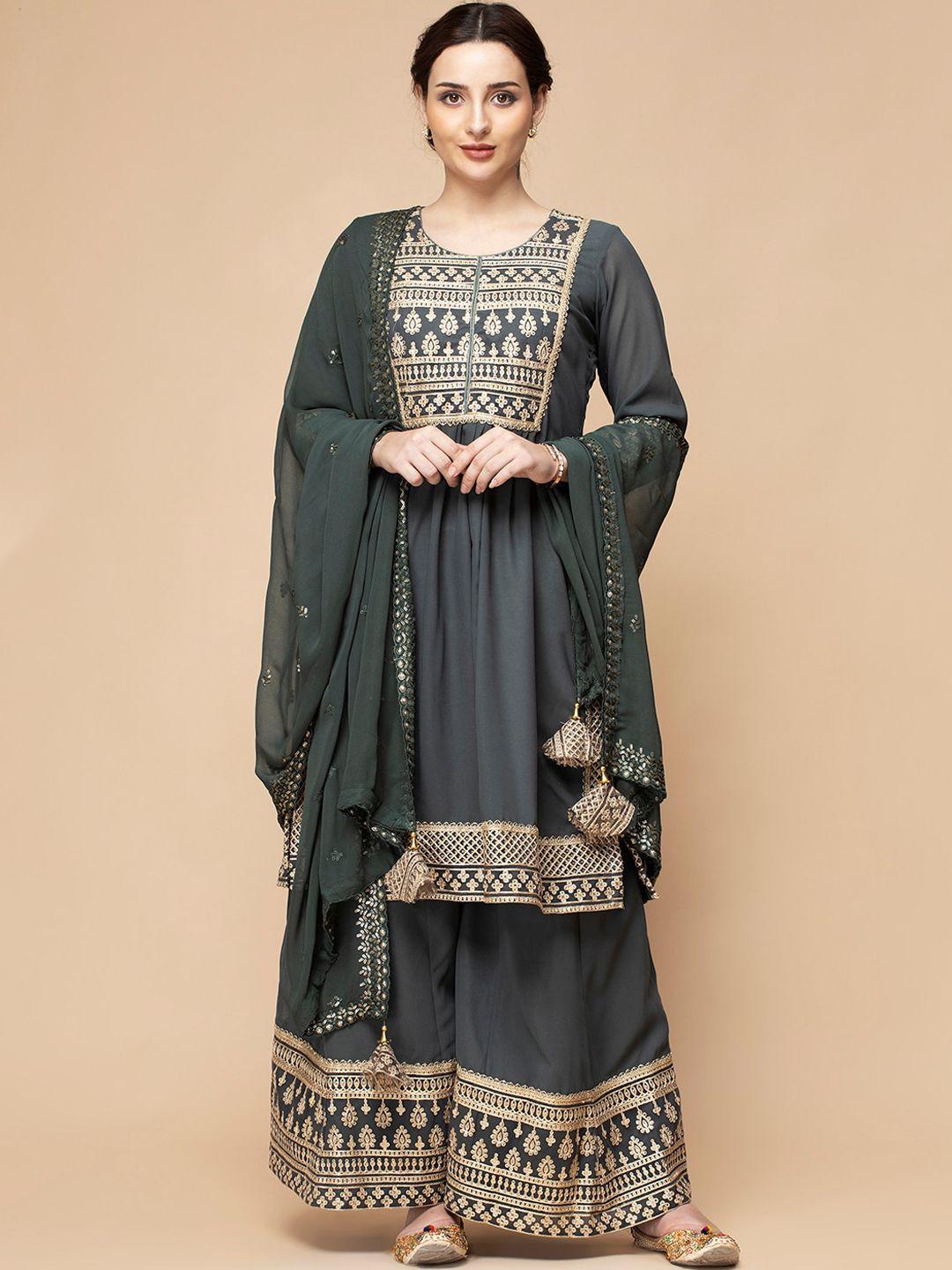 milu madan ethnic motifs embroidered pleated aari work kurta with sharara & dupatta