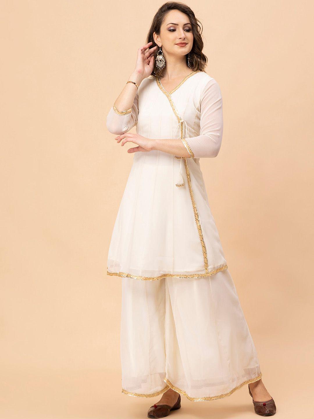 milu madan v-neck angrakha a-line kurta with palazzos & with dupatta