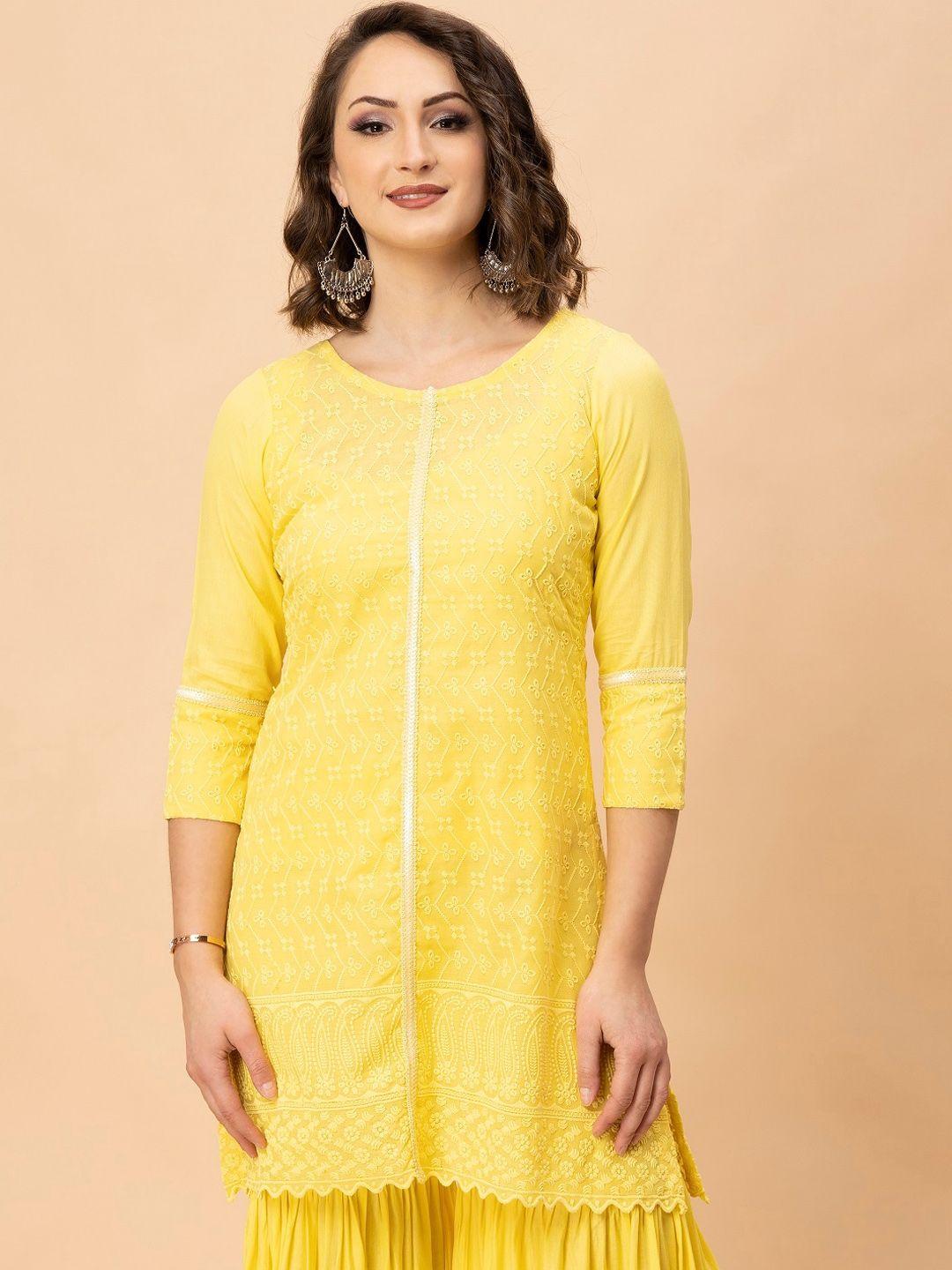 milu madan women yellow floral embroidered regular thread work pure cotton kurta with sharara