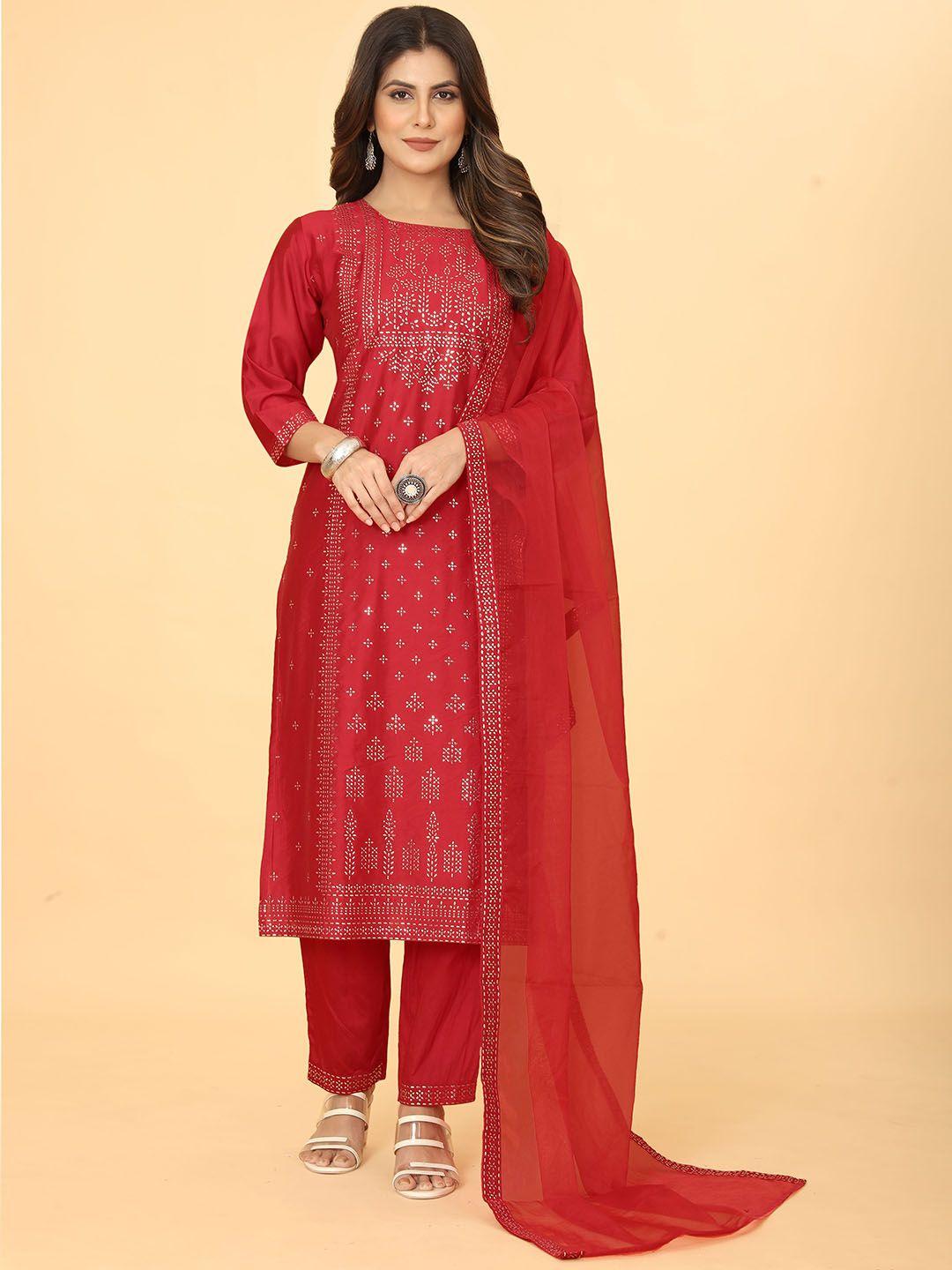 mimakiya ethnic motifs self design mukaish kurta with trousers & dupatta