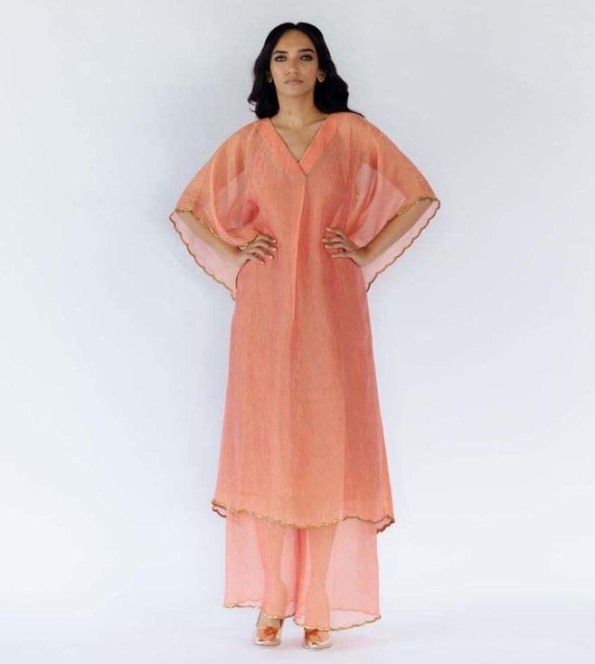 mimamsaa peach ziva kaftan with underdress & pants set