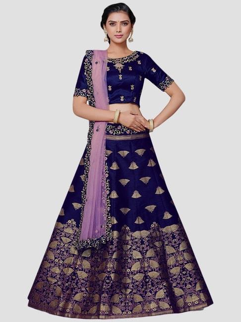 mimosa navy color embroidered semi-stitched lehenga & unstitched blouse with dupatta