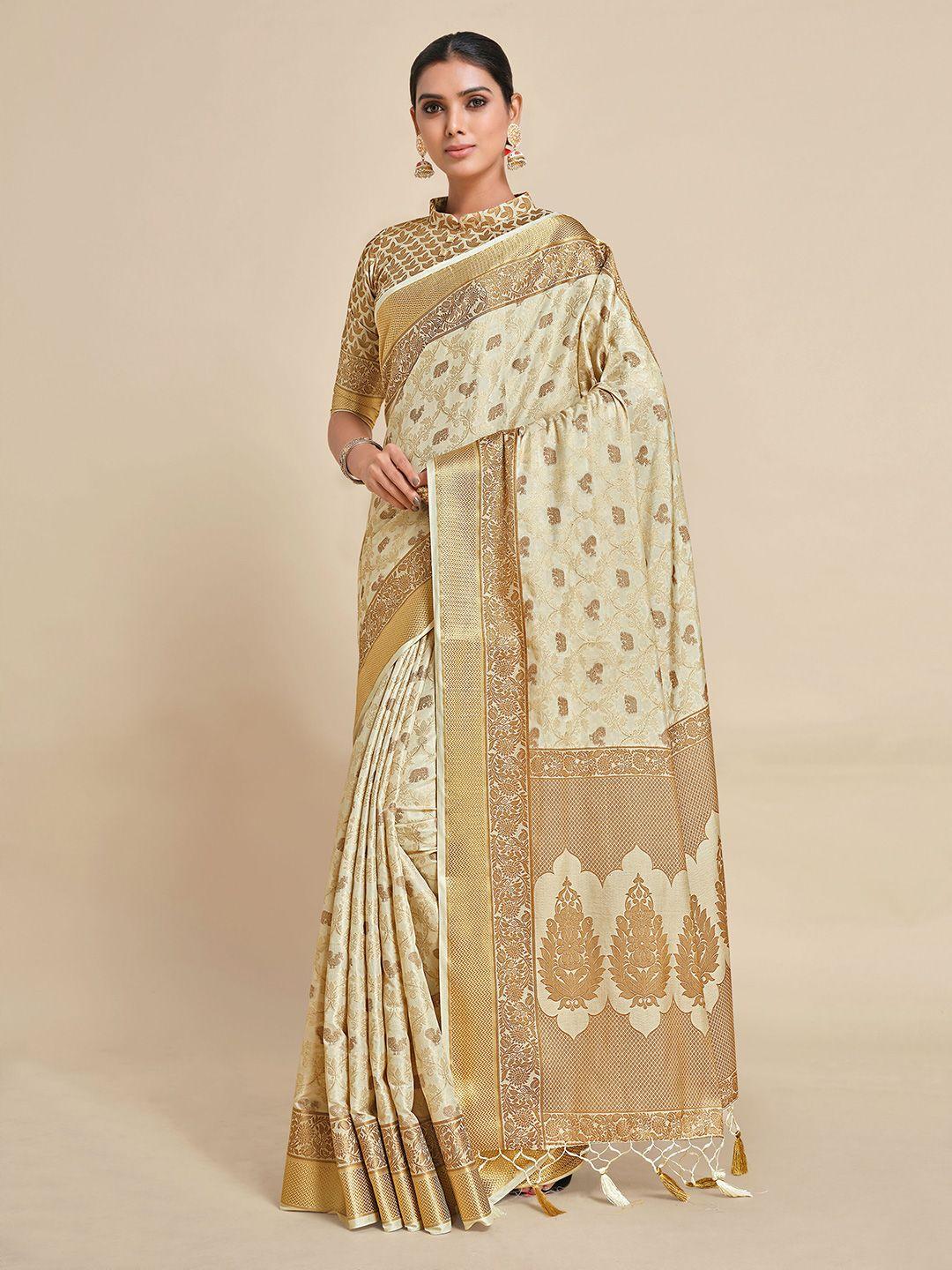 mimosa beige & gold-coloured ethnic motifs zari art silk kanjeevaram saree