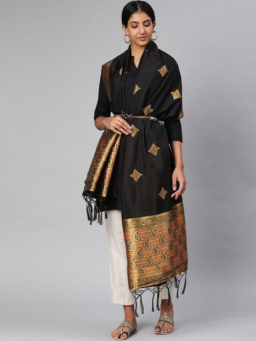 mimosa black & gold-toned woven design dupatta