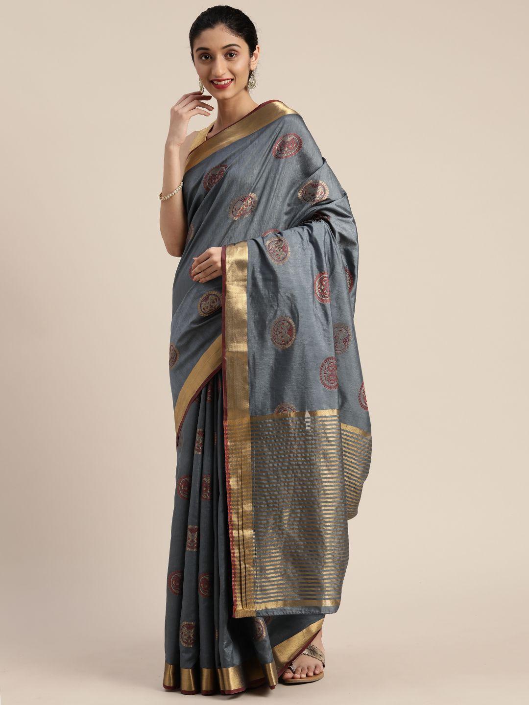 mimosa charcoal grey & gold-toned art silk woven design ikat saree