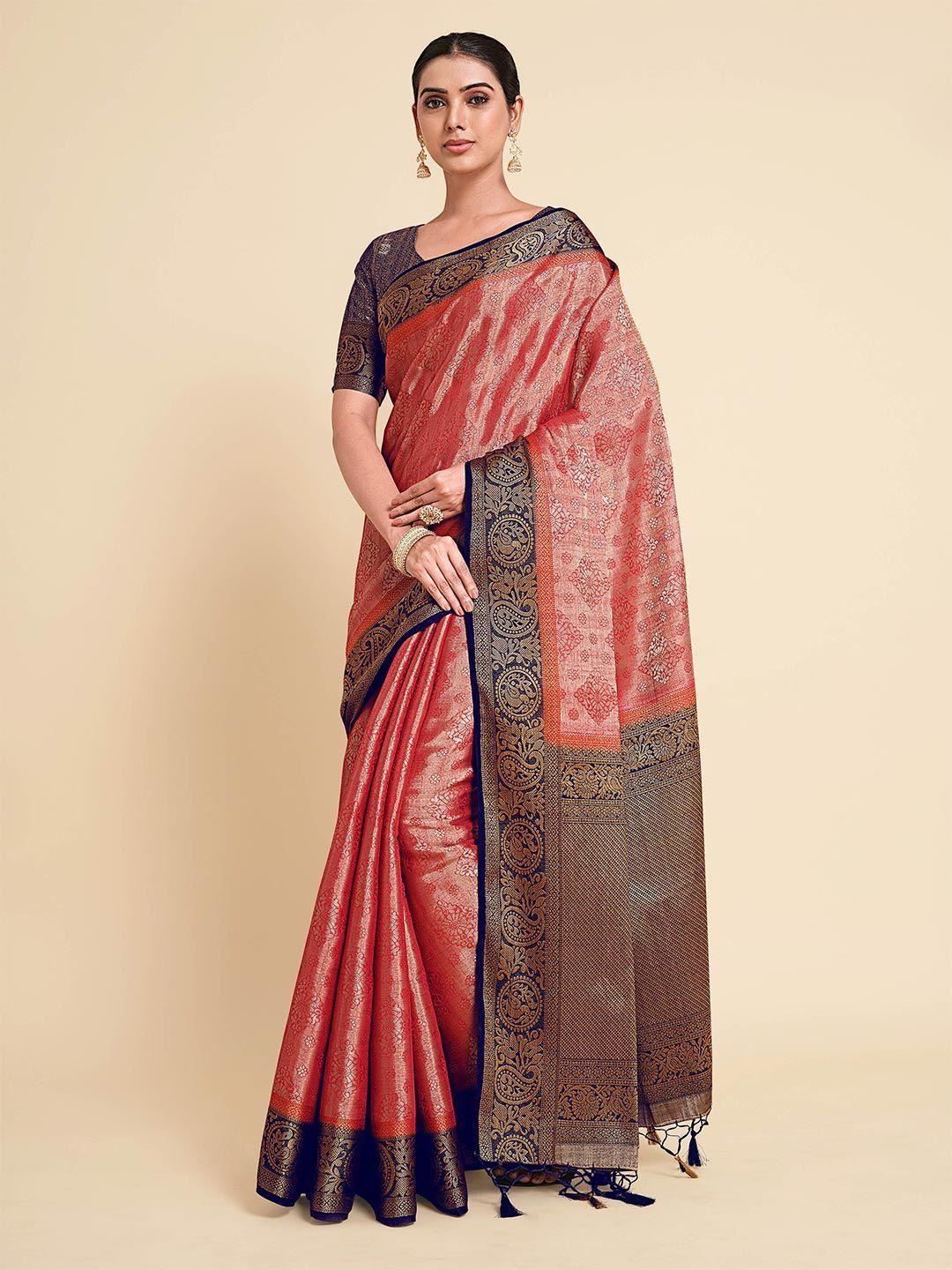 mimosa coral and navy blue woven design zari art silk kanjeevaram saree