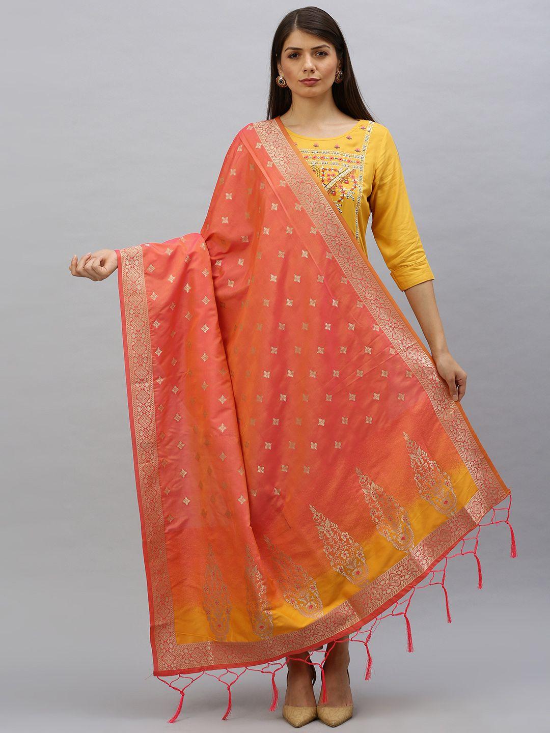 mimosa coral orange & gold-toned woven design banarasi art silk dupatta