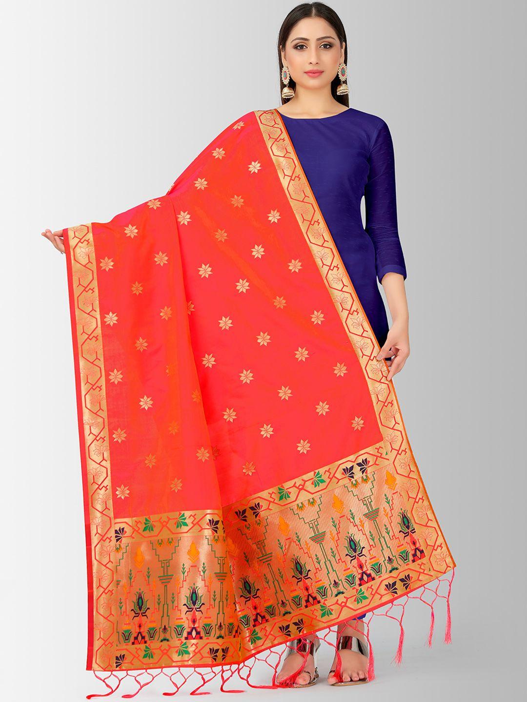 mimosa coral red & gold-toned woven design dupatta