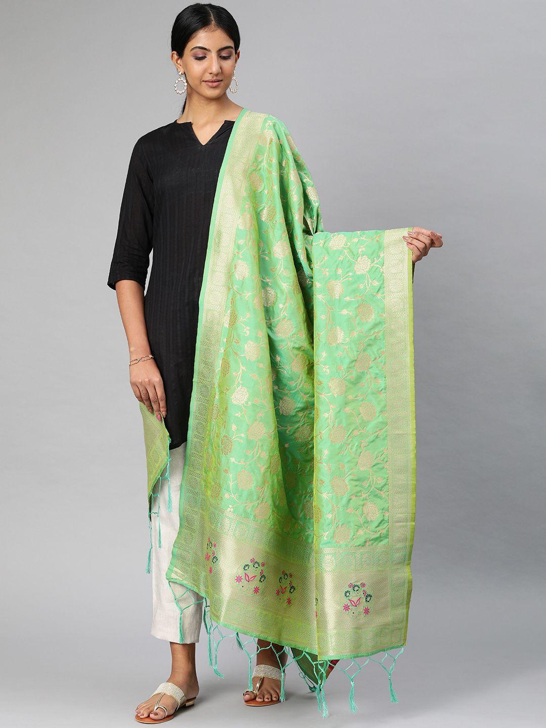 mimosa green & gold-toned woven design dupatta