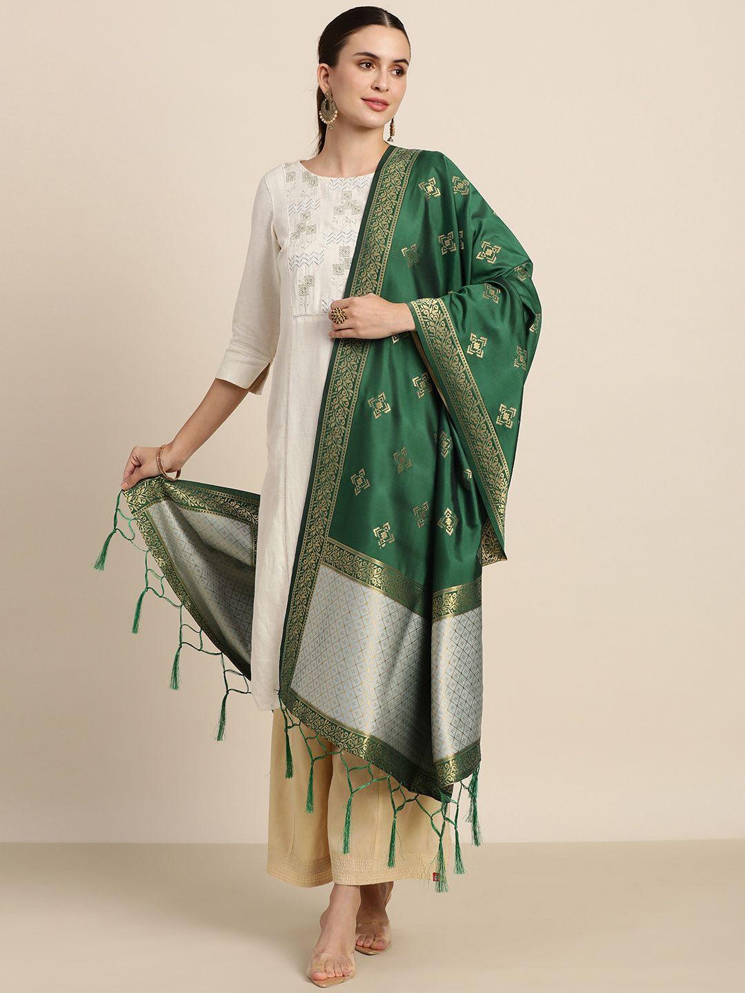 mimosa green & grey woven design art silk dupatta with zari