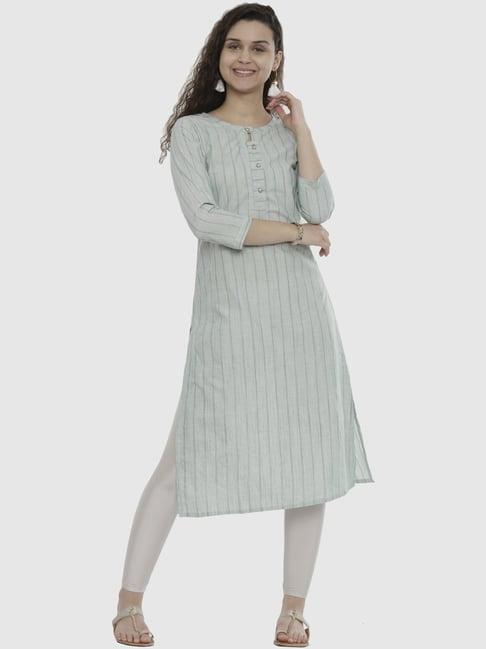 mimosa green cotton striped straight kurta