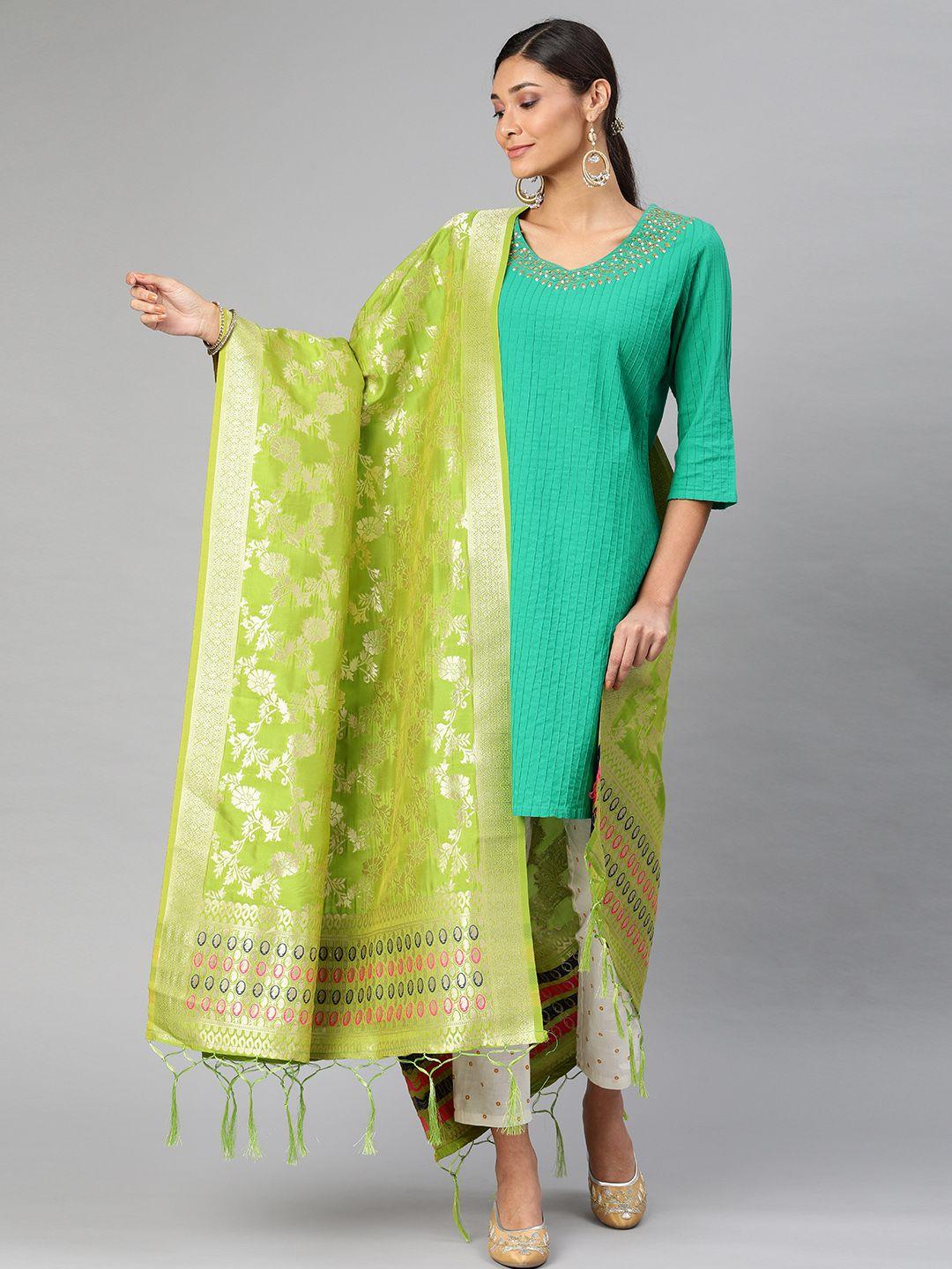 mimosa lime green & gold-toned woven design dupatta