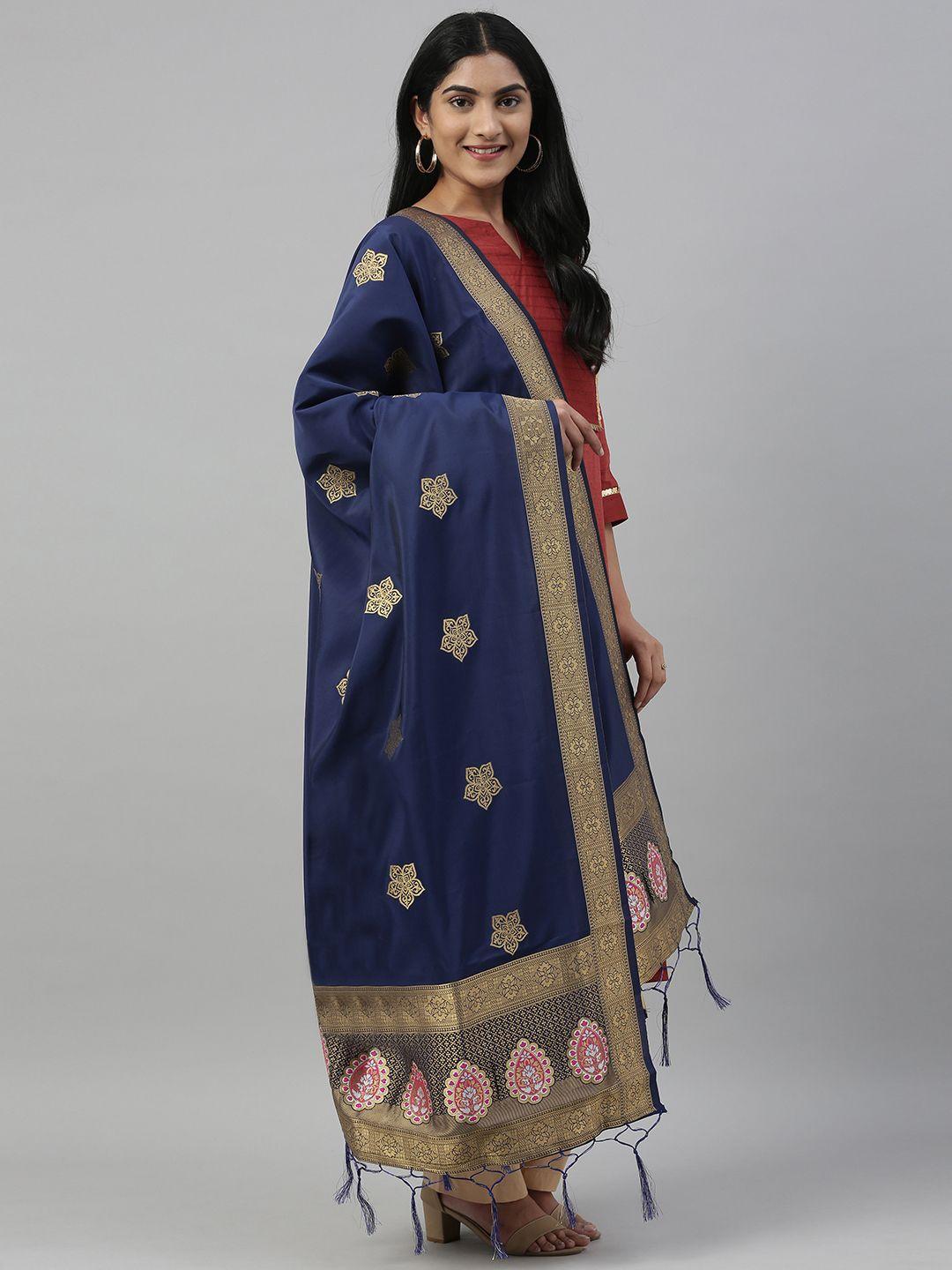 mimosa navy blue & gold-coloured woven design dupatta