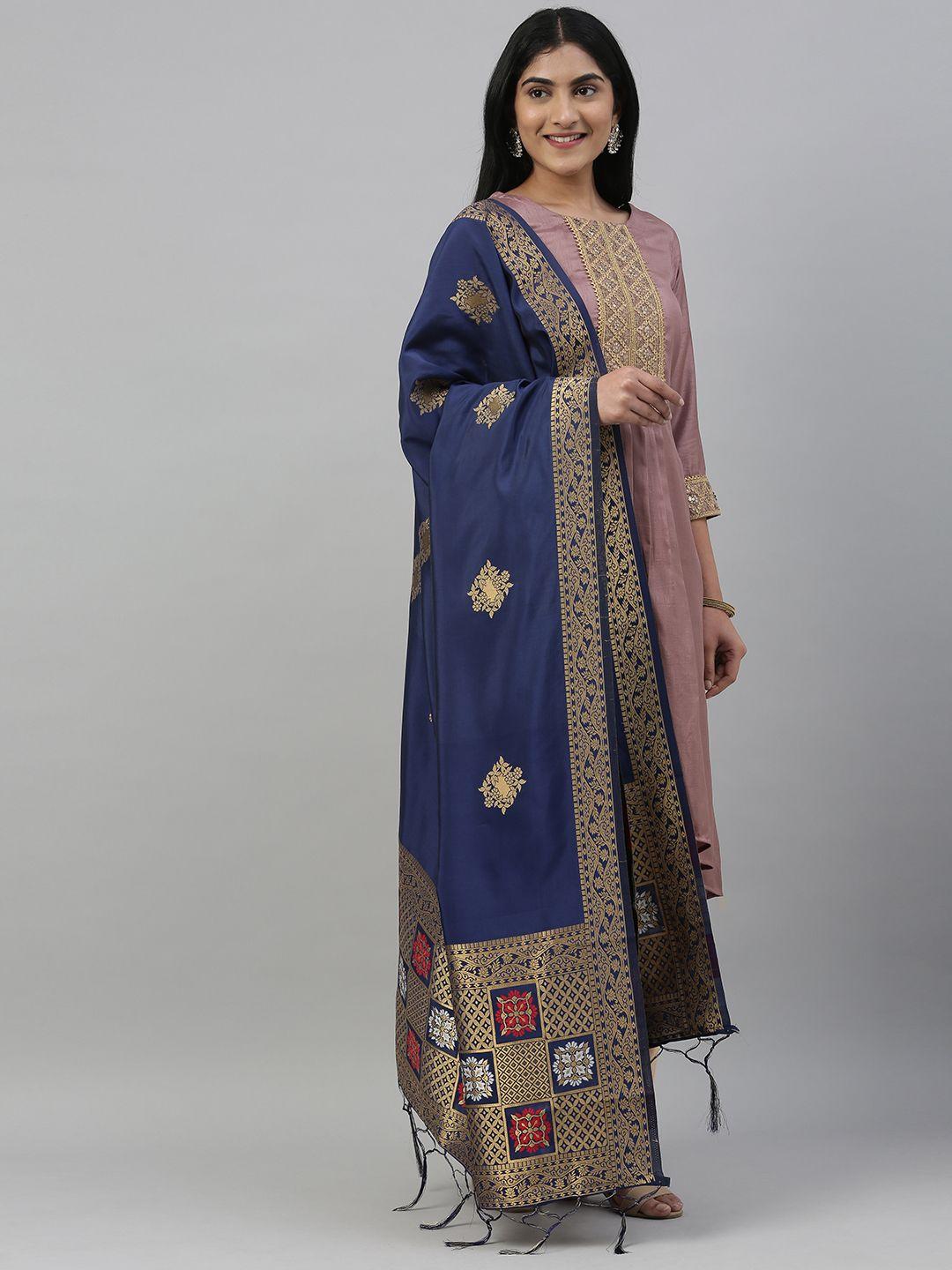 mimosa navy blue & gold-coloured woven design dupatta