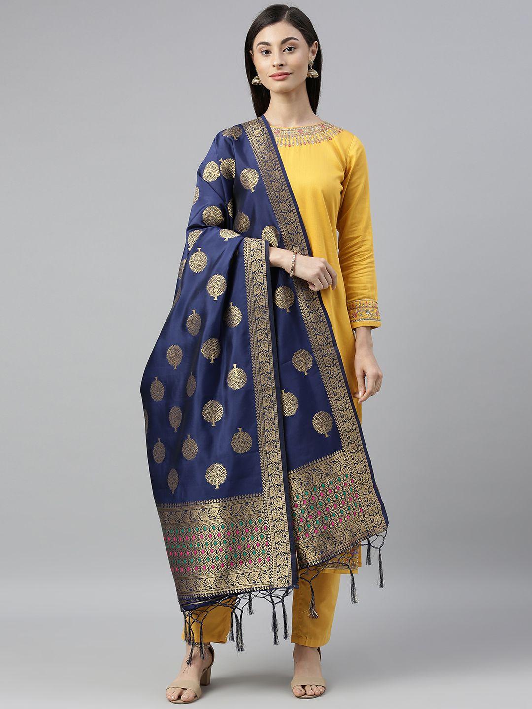 mimosa navy blue & gold-coloured woven design dupatta