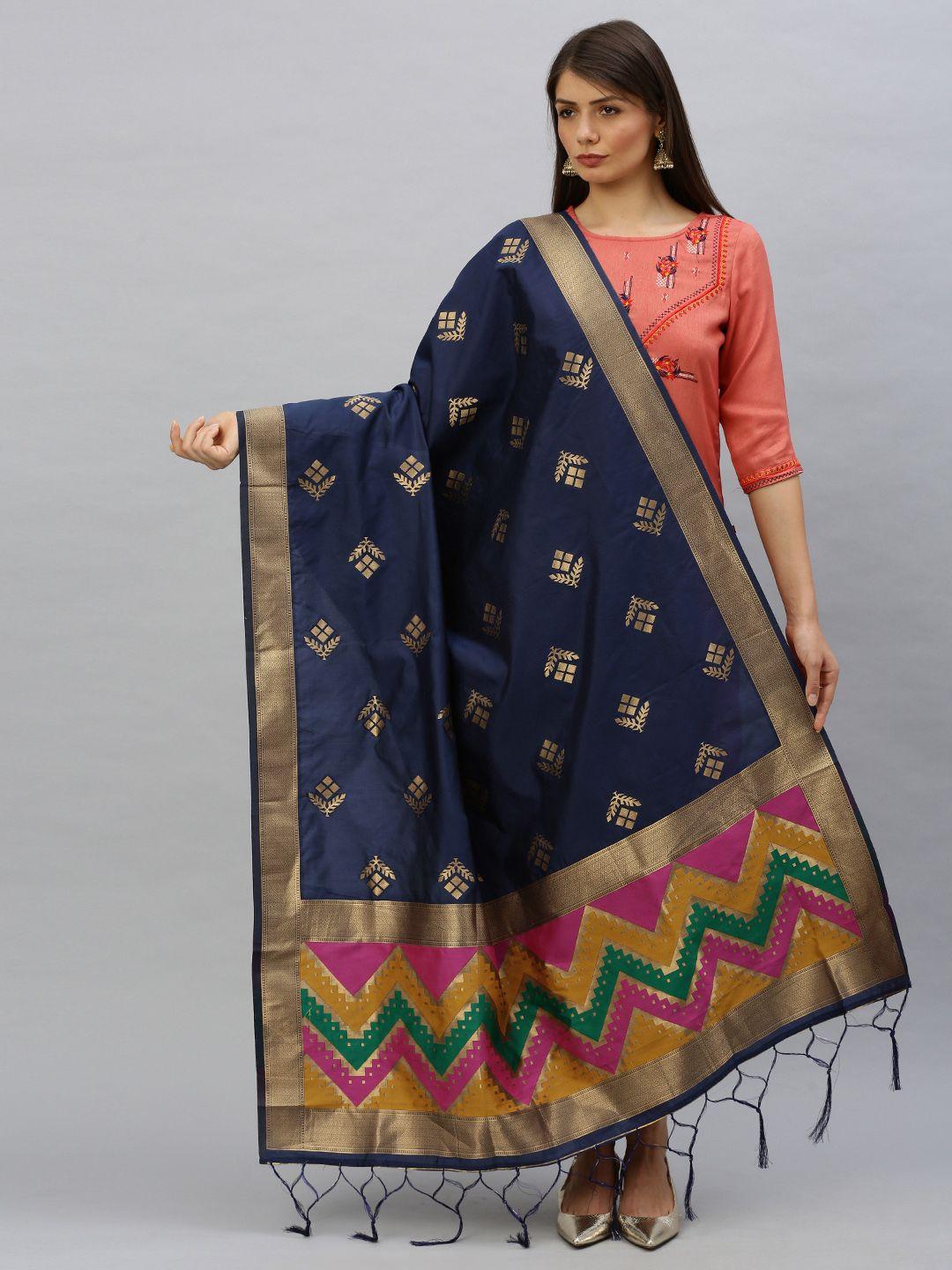 mimosa navy blue & gold-toned woven design dupatta