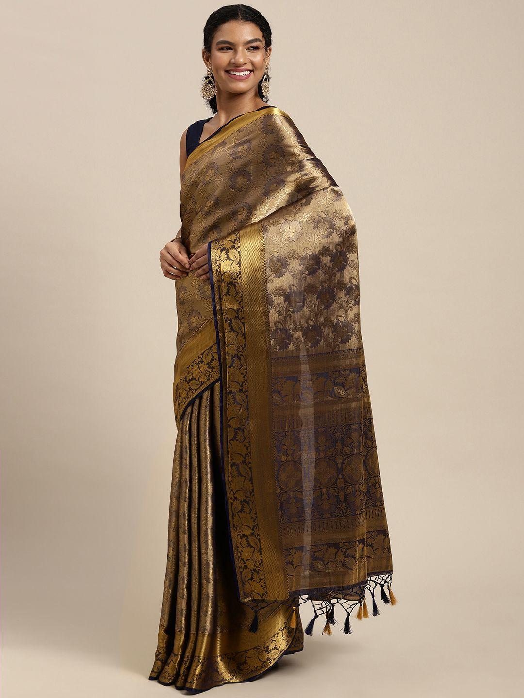 mimosa navy blue & golden ethnic motifs zari art silk kanjeevaram saree
