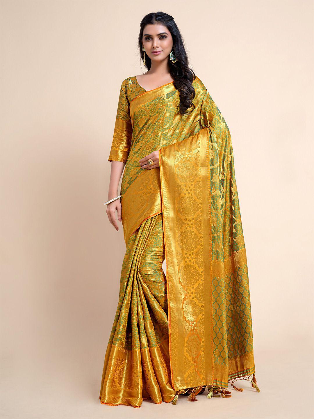 mimosa olive green & mustard woven design zari art silk kanjeevaram saree