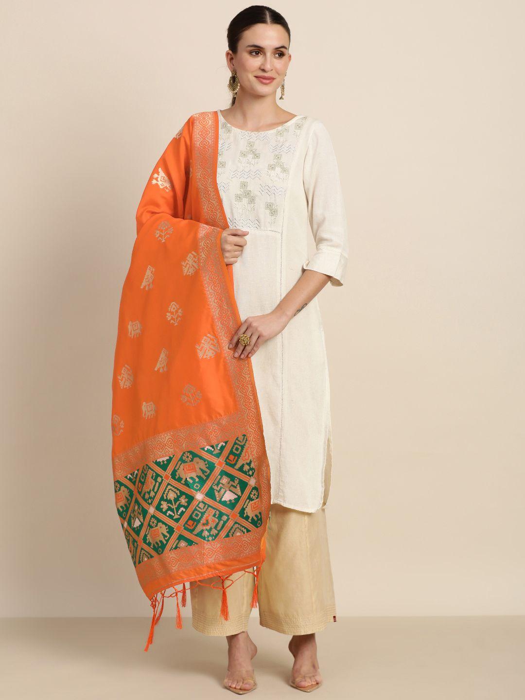 mimosa orange & green ethnic motifs woven design art silk dupatta with zari
