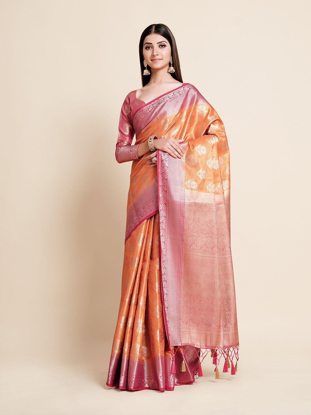 mimosa orange & red woven design zari art silk kanjeevaram saree