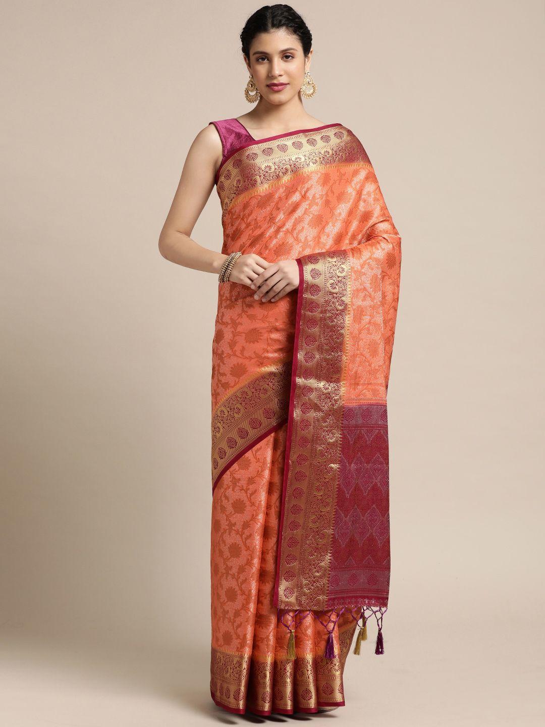 mimosa peach-coloured & maroon ethnic motifs zari art silk kanjeevaram saree
