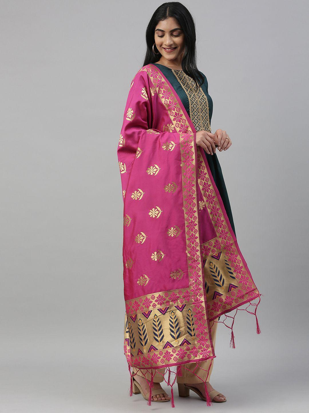 mimosa pink & gold-coloured woven design dupatta