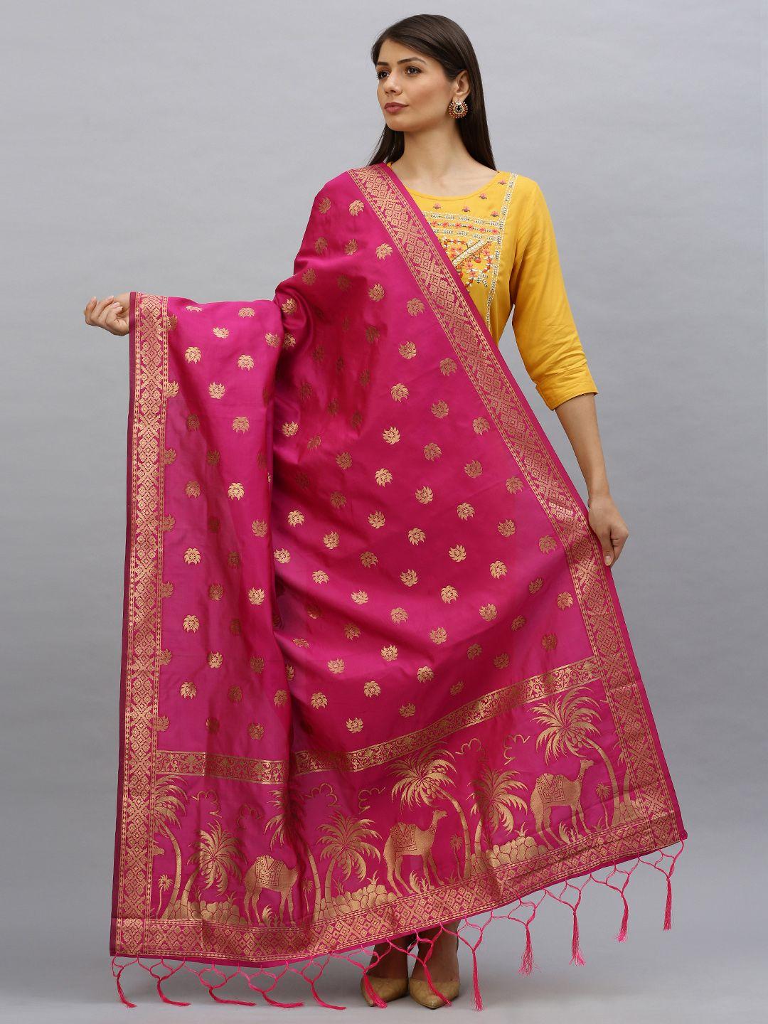 mimosa pink & gold-toned woven design dupatta