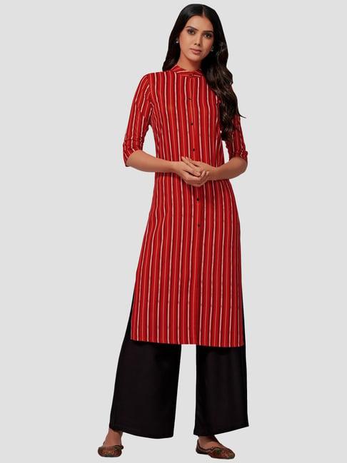 mimosa red cotton striped straight kurta