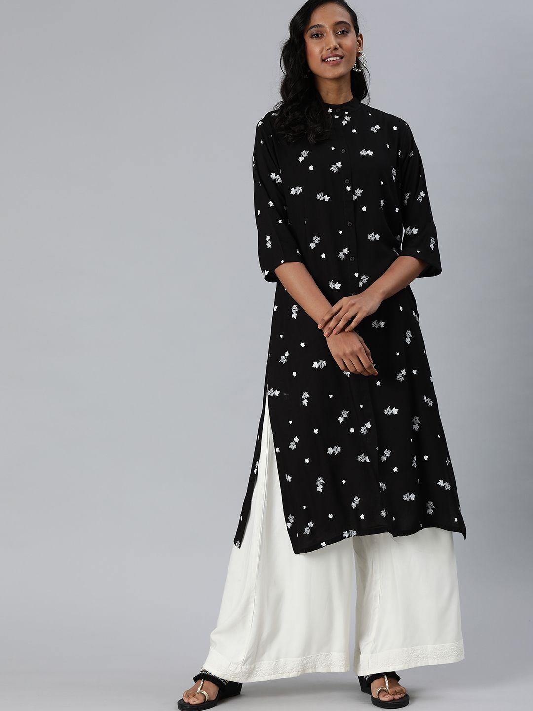 mimosa women black & white printed straight kurta