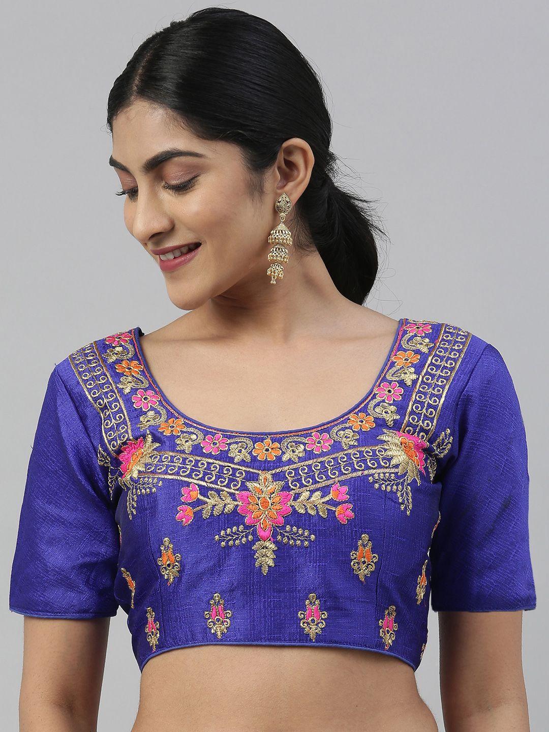 mimosa women blue & pink zari embroidered saree blouse