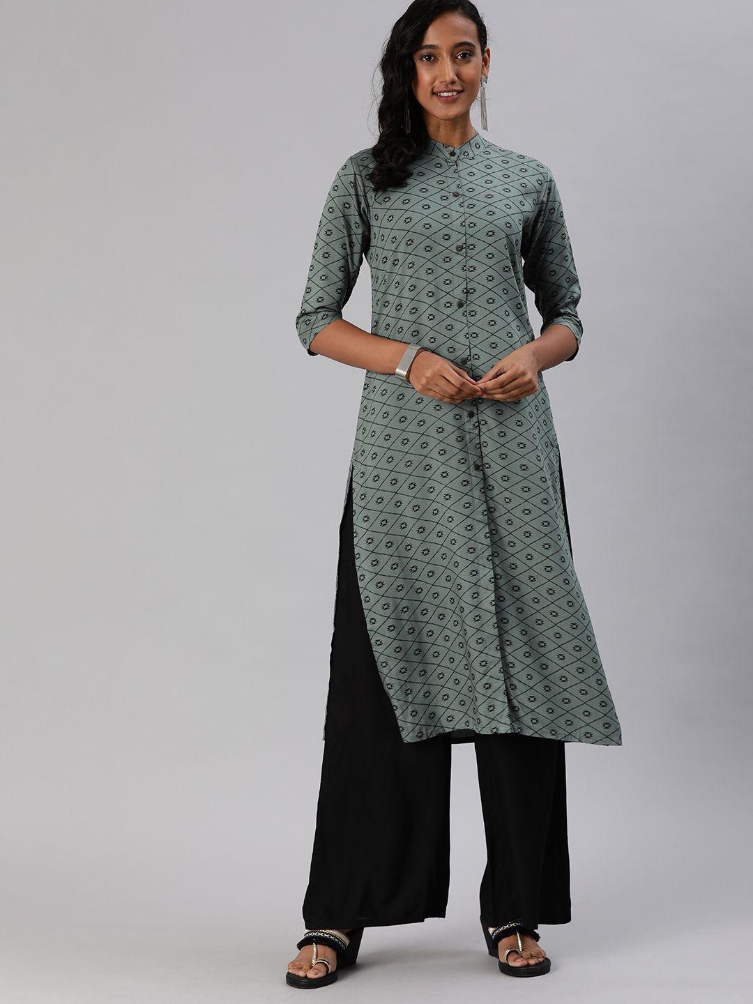 mimosa women charcoal & black printed straight kurta