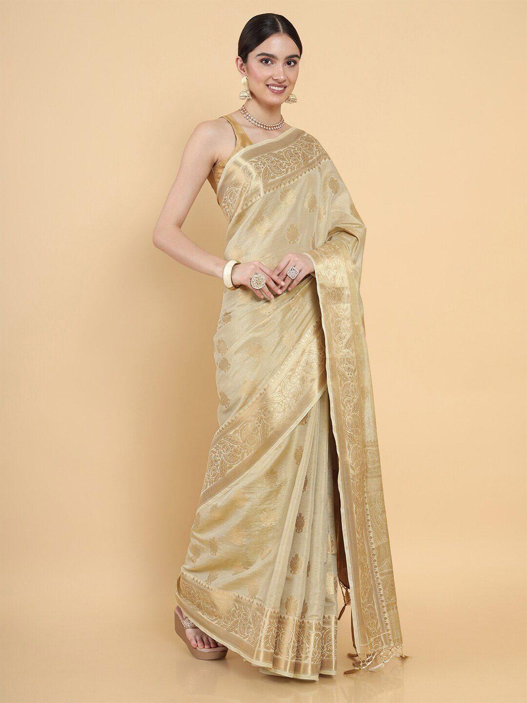 mimosa women cream-coloured & gold-toned floral zari art silk kasavu saree