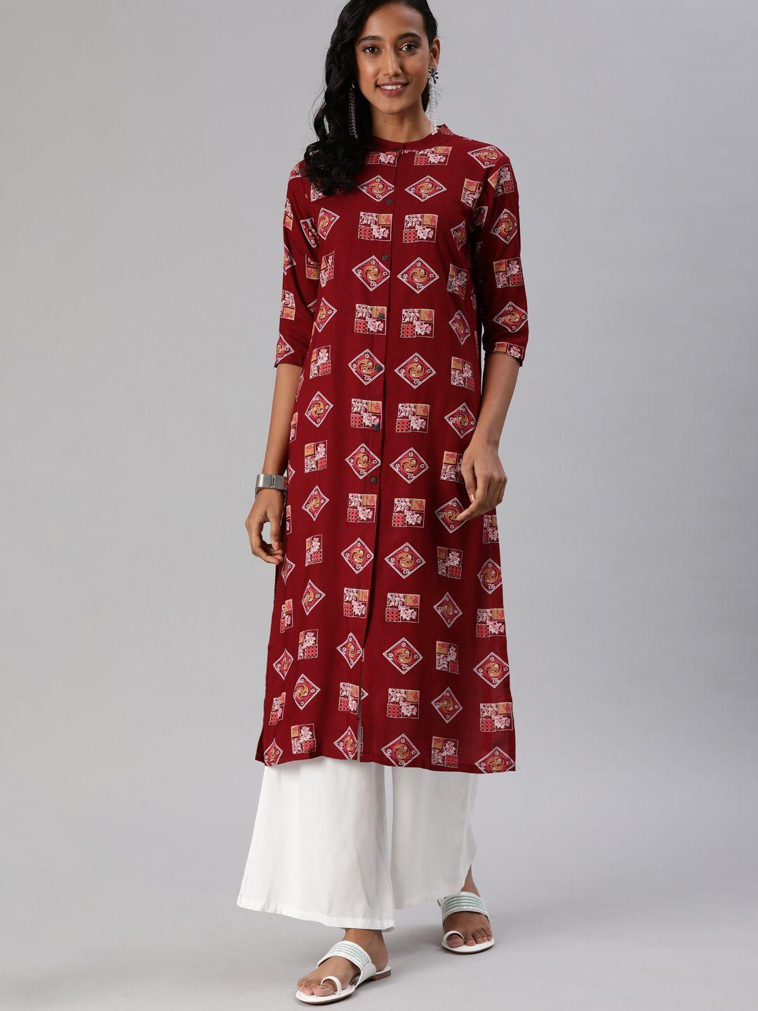 mimosa women maroon floral printed straight kurta