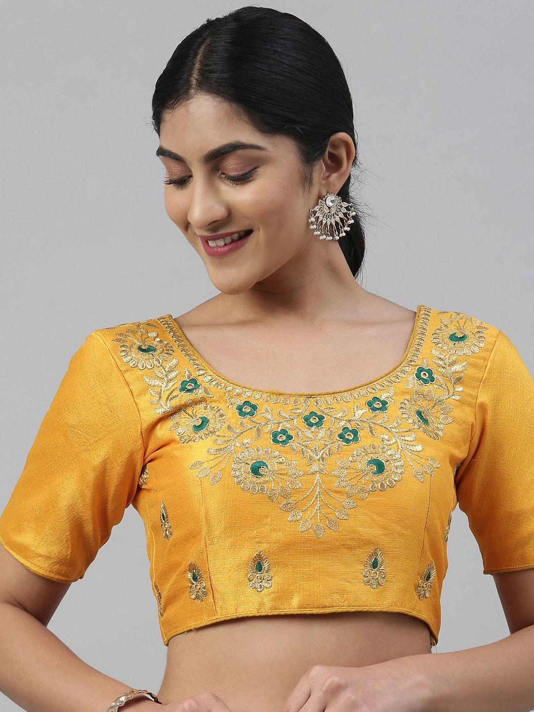 mimosa women mustard yellow & golden zari embroidered saree blouse