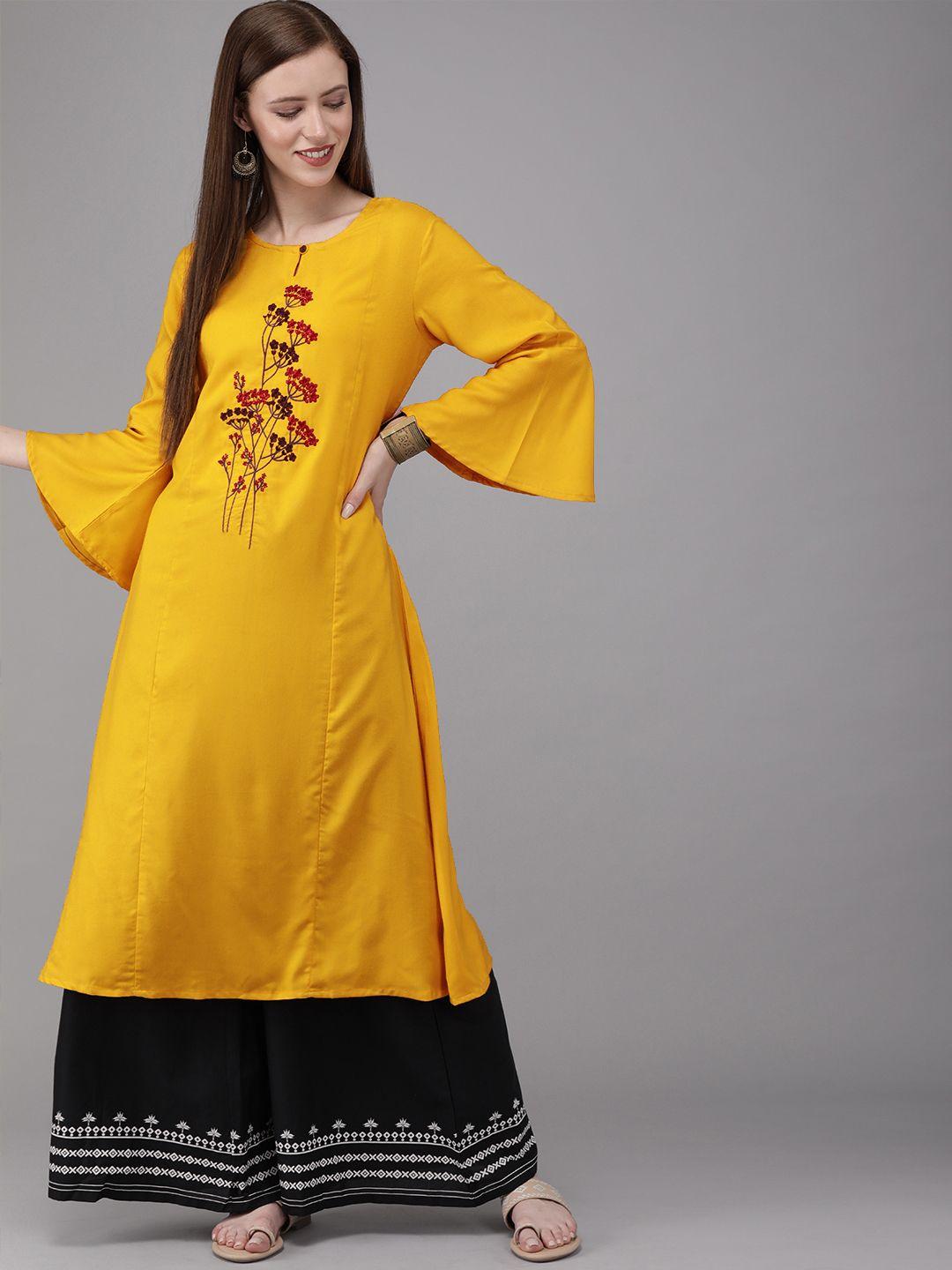 mimosa women mustard yellow embroidered a-line kurta with flared sleeves