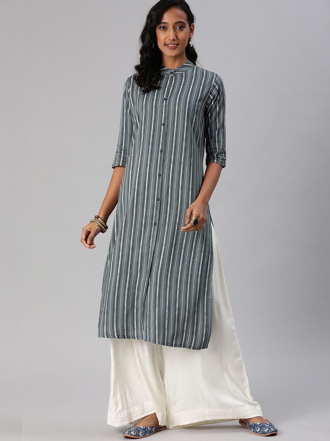 mimosa women teal blue & black striped straight kurta