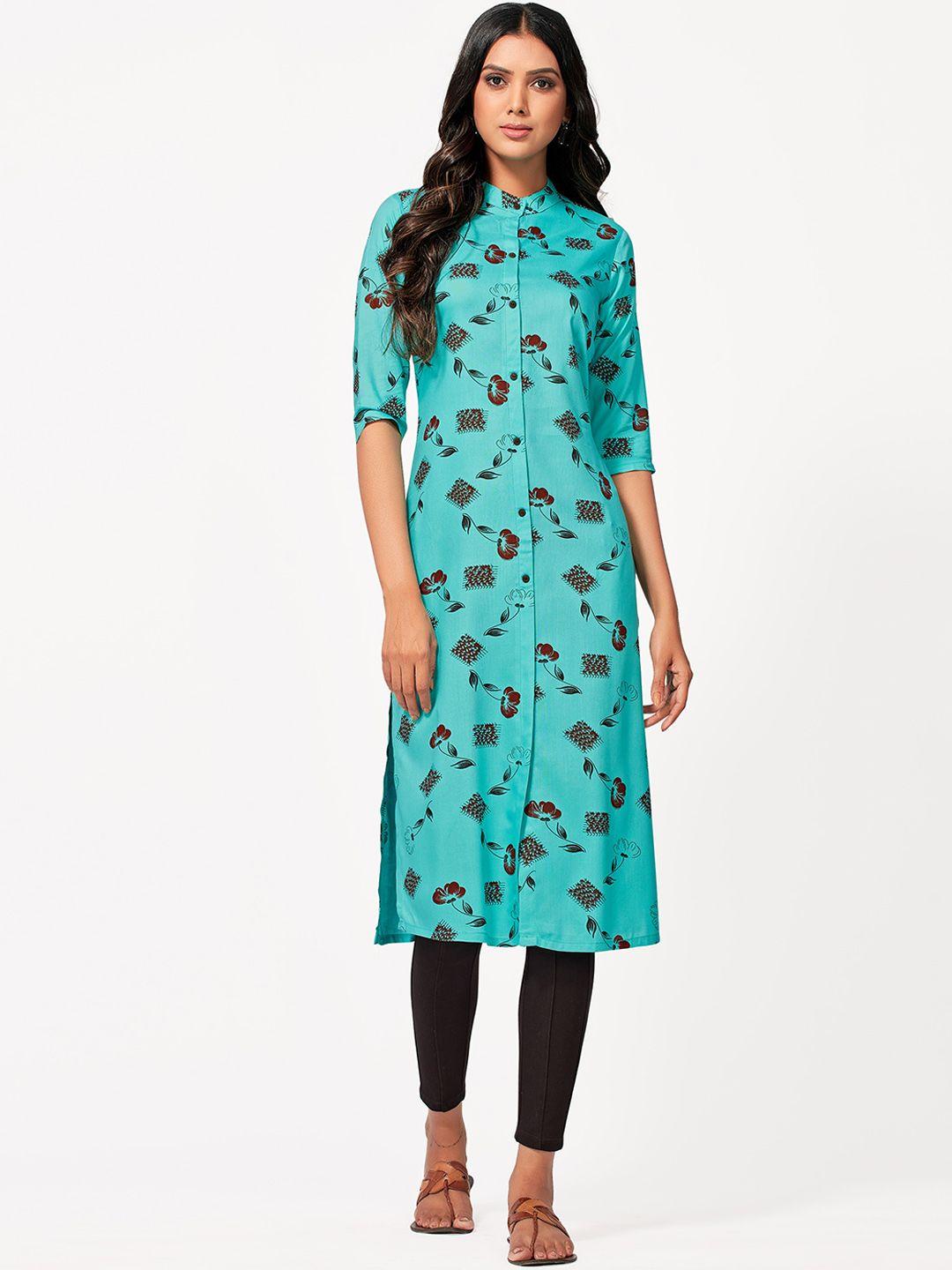 mimosa women turquoise blue floral printed thread work kurta