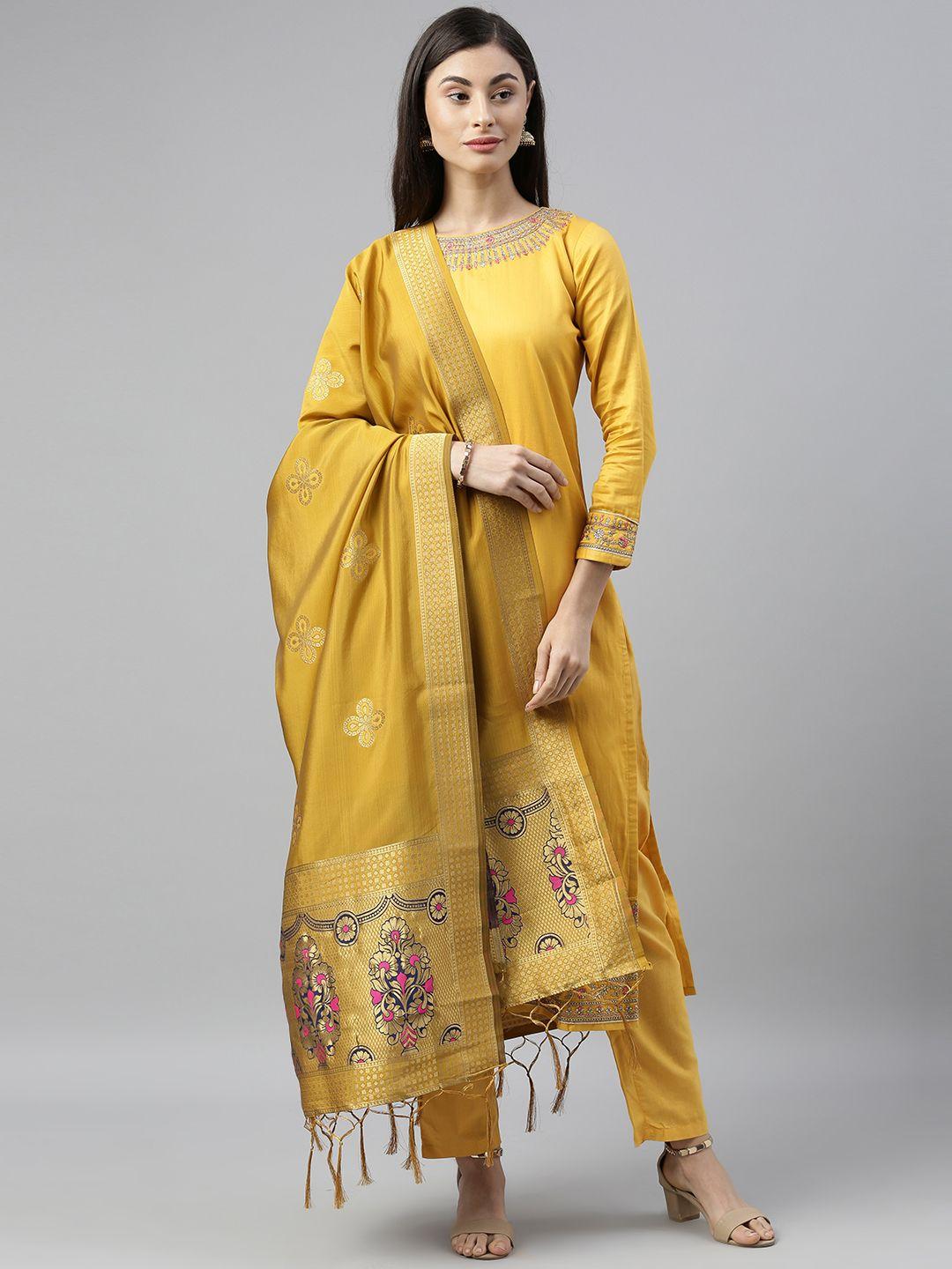 mimosa yellow & gold-toned woven design art silk dupatta