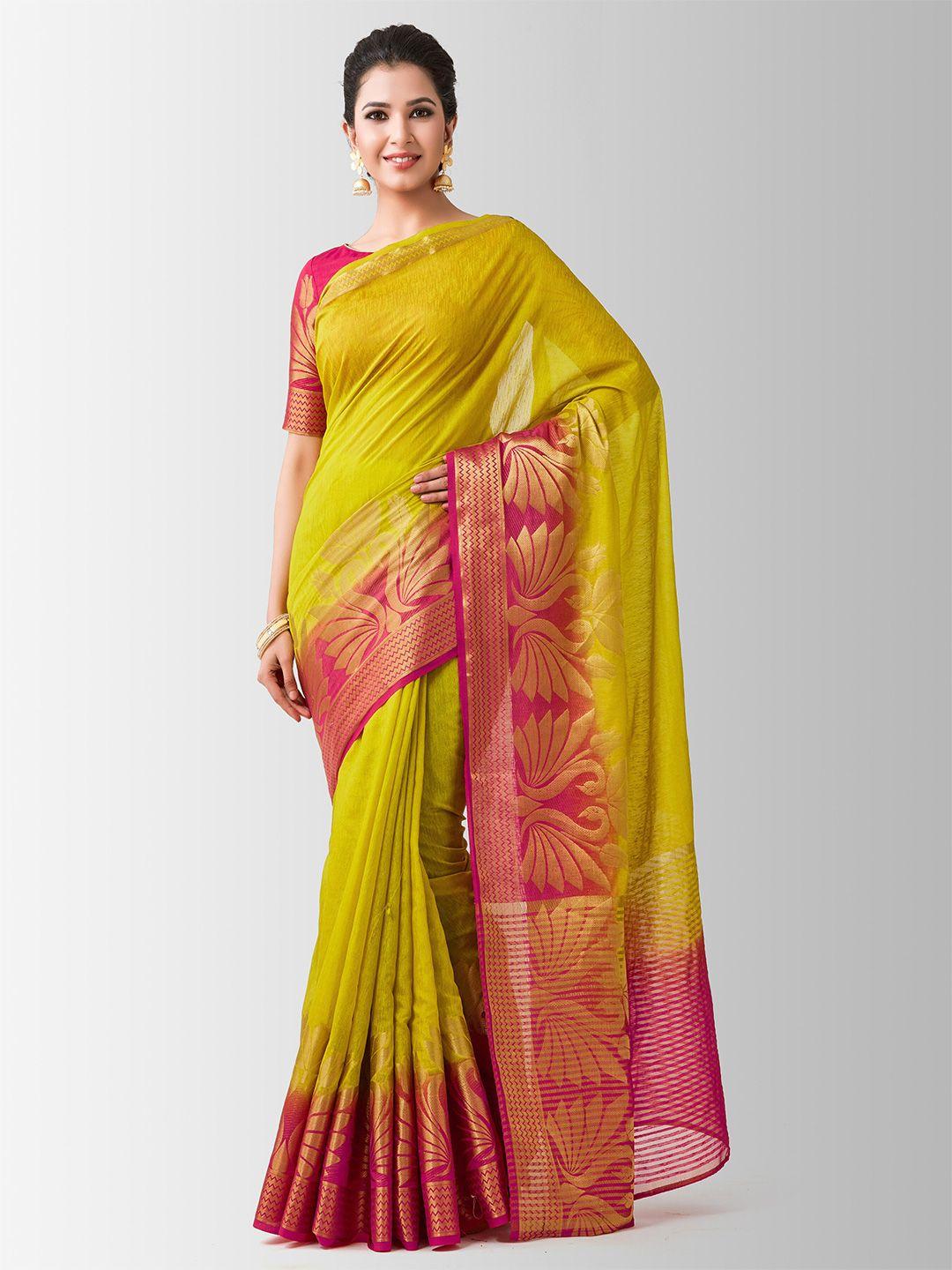 mimosa yellow and pink woven design zari art silk kanjeevaram saree