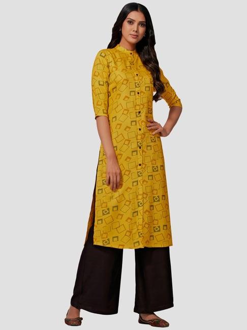 mimosa yellow cotton printed straight kurta