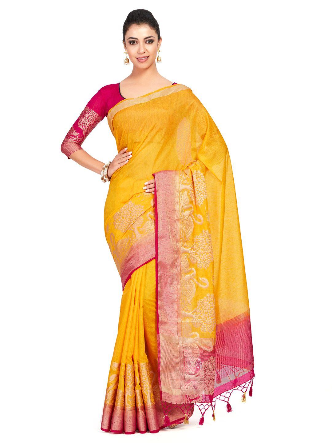 mimosa yellow linen blend woven design kanjeevaram saree