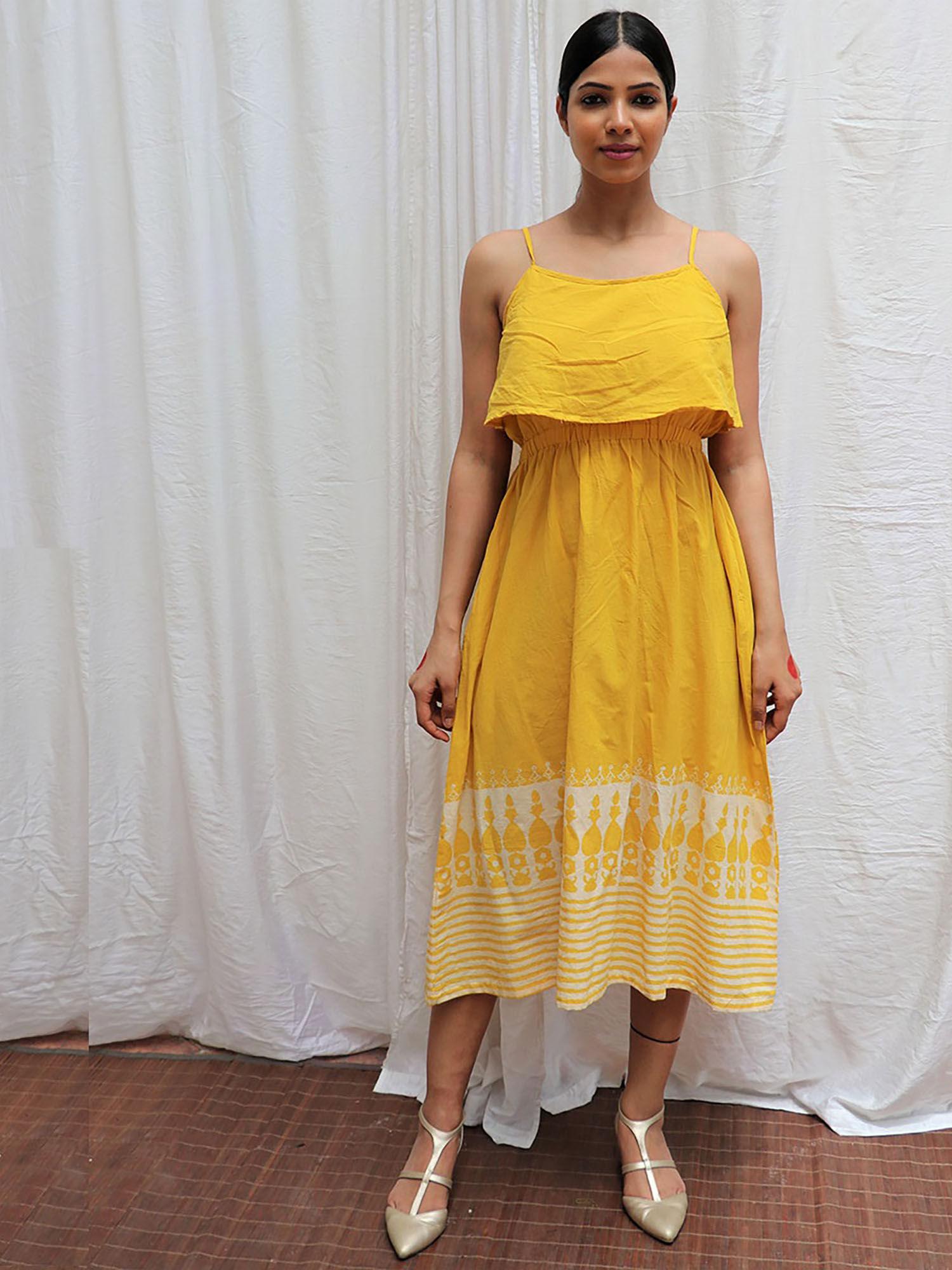 mimosa yellow printed cotton midi dress