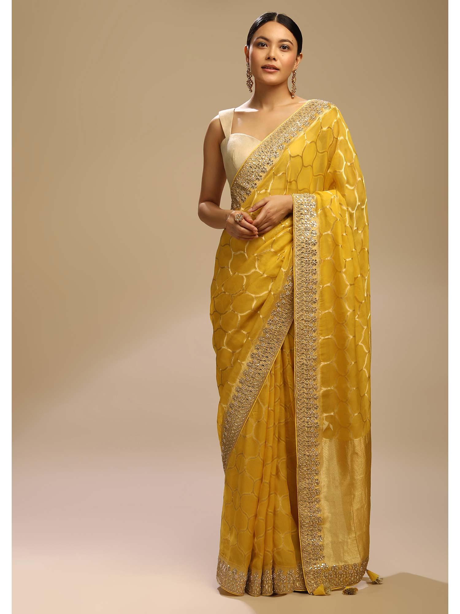 mimosa yellow saree in organza silk woven moroccan jaal with unstitched blouse